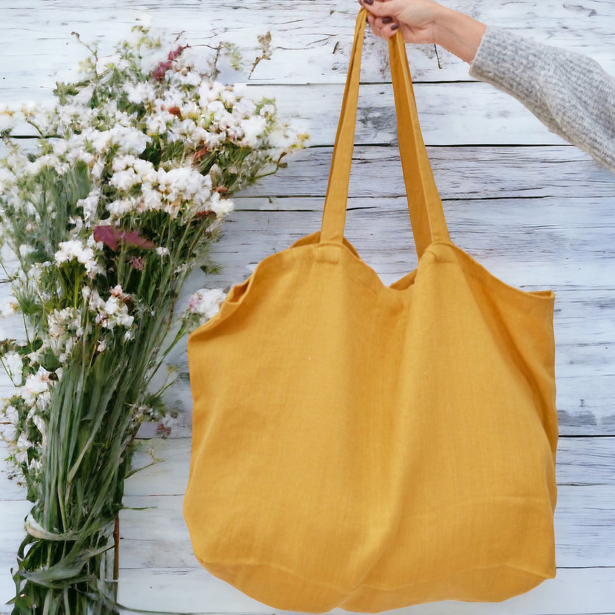 Large natural mustard linen dye bag, linen bag with leather handles, shoulder bag good and backpack linen natural dye, yellow linen bag