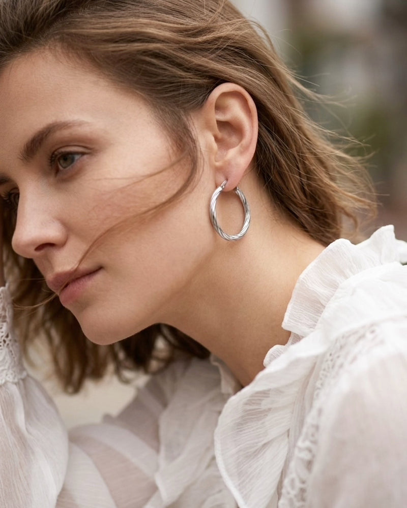 Silver Wave Hoops Earrings